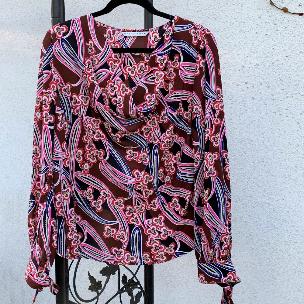 Brand New Trina Turk Floral Drape Neckline Silk Top M
